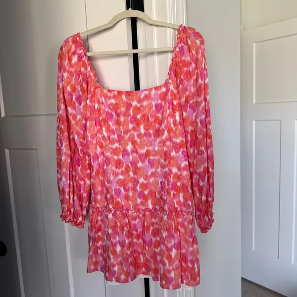 Amanda Uprichard pink orange floral long sleeve dress square neck mini‎ - Image 2
