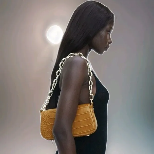 Zara Croc Shoulder Bag Yellow Gold Tone Chain Strap Clean Inside Luxury Travel - Image 6