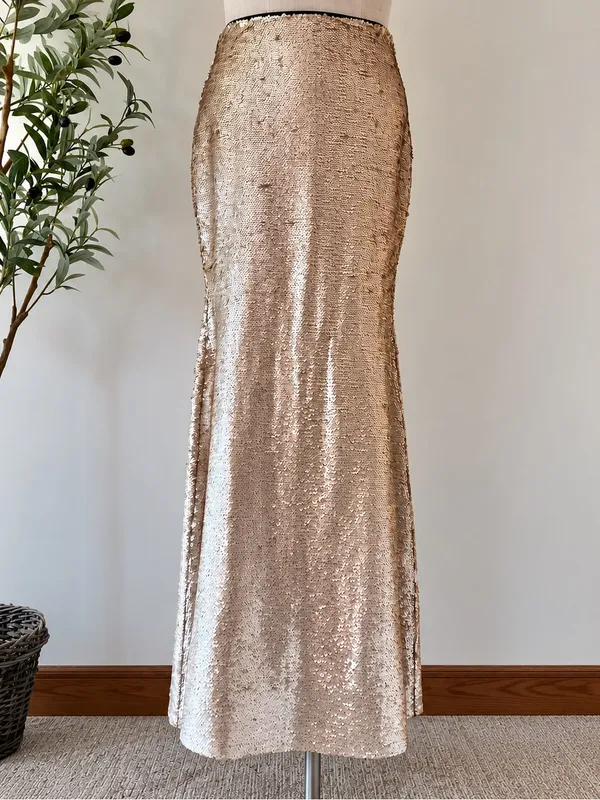 Lucy Paris Champagne Gold Metallic Maxi Skirt | Mermaid Slip Skirt | Y2K Glam - Image 2