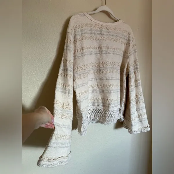 Free People Fringed Chunky Knit Embroidered Sweater Sz Large Flare Sleeves‎ - Image 6