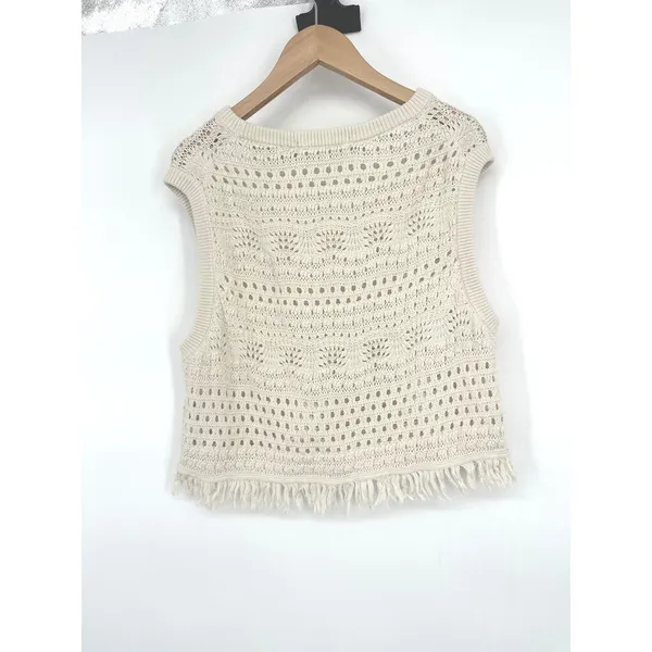 Boden Crochet Sweater Crop Womens L Ivory Fringe Festival Boho Coastal Western - Image 5