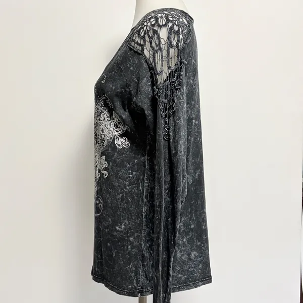 Maurices Silver Top Large Black Mineral Wash Crochet Lace Scroll Rhinestone L - Image 3