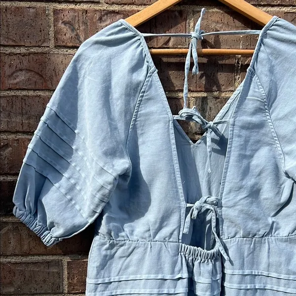 7 for All Mankind Blue Puff V-Neck Dress Cotton Coastal Boho Quiet Luxury Beachy - Image 11