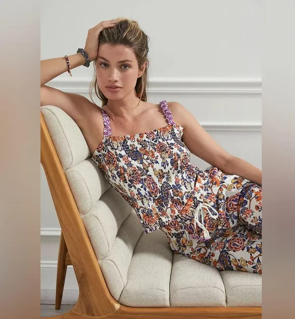ANTHROPOLOGIE Verona Smocked Pajama Lounge Top Paisley Floral Crop Modal Size XL - Image 6