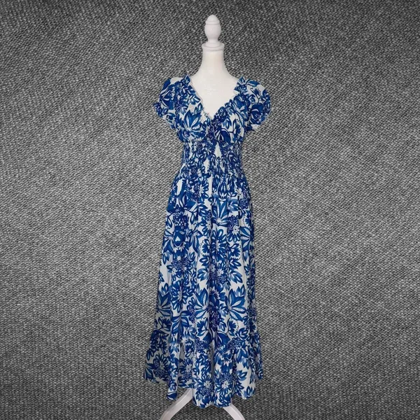 Blue White Floral Smocked Puff Sleeve Maxi Dress Size M - Image 3