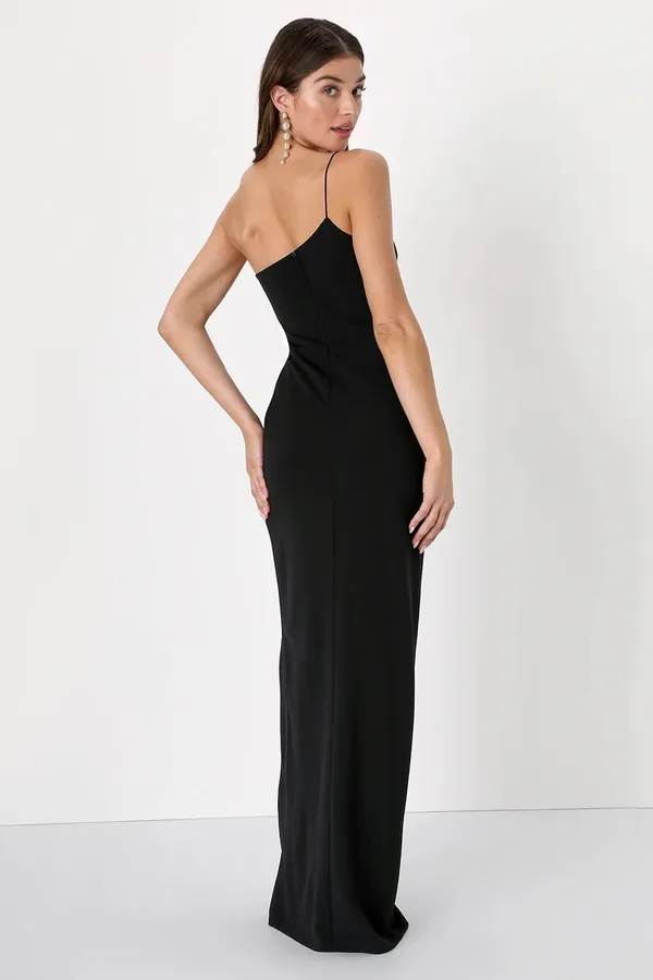 Lulus Dramatic Efforts Black One-Shoulder Knotted Maxi Dress - Image 4
