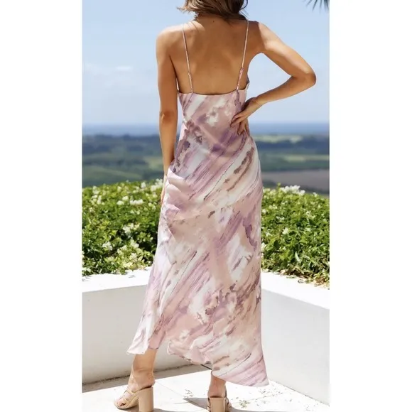 Hello Molly Tiara Fun Maxi Dress‎ Mauve Abstract Satin Slip Wedding Guest Sz 4 - Image 3