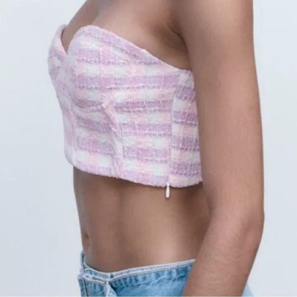 NEW! Zara Small Top Bustier Corset Crop‎ Top Tweed Plaid Pink Purple - Image 4
