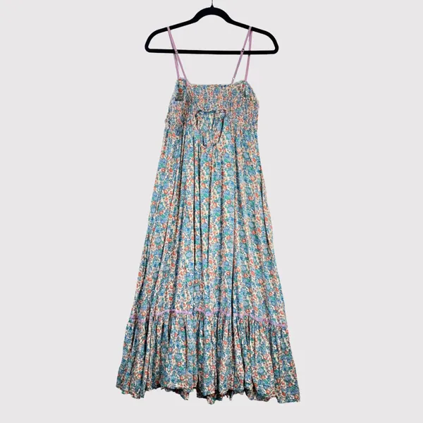 Free People Maxi Dress Blue Molly Jo Floral Button Down Cutout Back Smocked XS - Image 3
