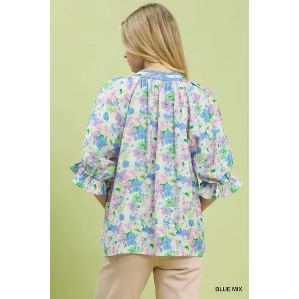 Umgee Mix Floral Print Ruffle Top - Blue mix -‎ Small - Image 3