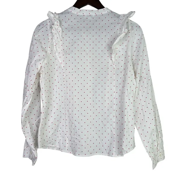 J.Crew Cotton Poplin Ruffle Heart Print Button Down LongSleeve Shirt M White Red - Image 14