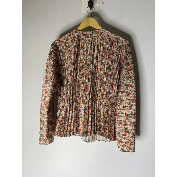 Vince Womens Pomegranate Floral Pleated Long Sleeve Blouse Tan Orange Small - Image 2