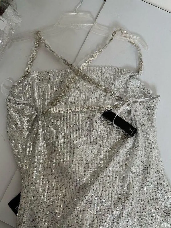 NWT Lulu's Famous Behavior Silver Sequin Cowl Neck Mini Dress Large New - Image 7