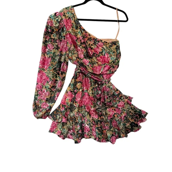 HEMANT‎ & NANDITA One Shoulder Floral Metallic Ruffle Mini Dress XL FLAWED - Image 3