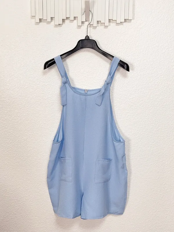 Miss Sparkling Light Blue Tie Strap Pocket Overall Romper Shorts - Image 3
