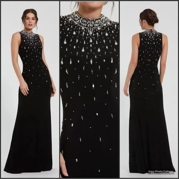 MAC DUGGAL 2260 Black High Neck Sleeveless Beaded Jersey Fitted Gown Size 6 - Image 2