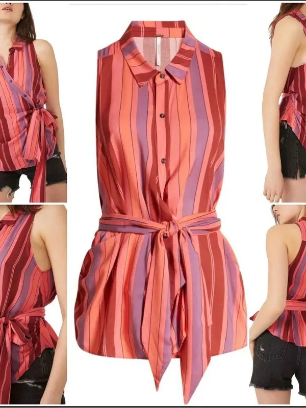 Free People Sleeveless Striped Button-Front Tie-Hem Top in Pink & Purple - Image 4