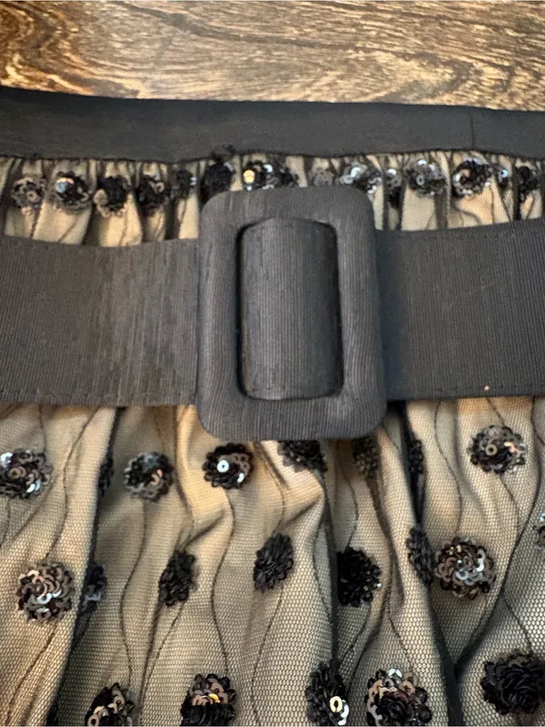 Eliza J Cocktail Dress Womens 6 Black Tan Excellent Sequin Polka Dot Belted - Image 9