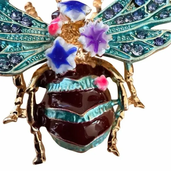 Jeweled Bee Brooch Gold Tone Enamel Rhinestone Floral Insect Pin - Image 3