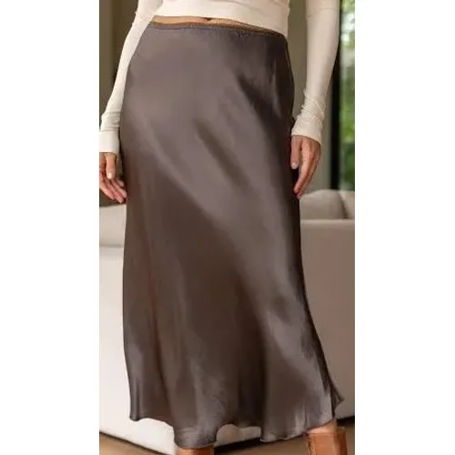 Nati Brown Satin Midi Skirt Lace Trim Waistband Size Small Chocolate Bias Cut - Image 4