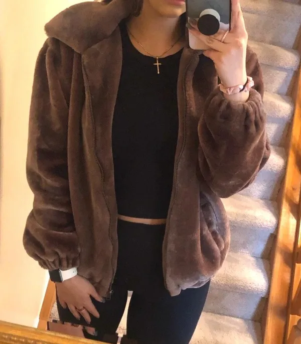 Faux Fur Teddy Coat Brown Size L - Image 2