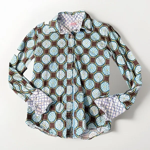 Tizzie Womens Blue contrast medallion geometric fitted stretch button up shirt S - Image 4