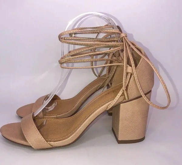 Lulus Open Toe Chunky Square Heel Lace up Calf Heels Nude Beige 7.5 Wore Once - Image 4