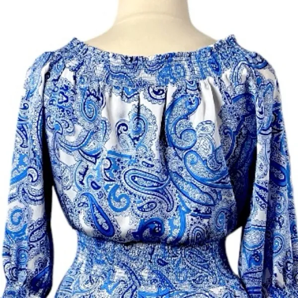 Tahari New Smocked Dress Asymmetrical Ruffle Hem Blue Paisley NWT Women Size 16 - Image 11