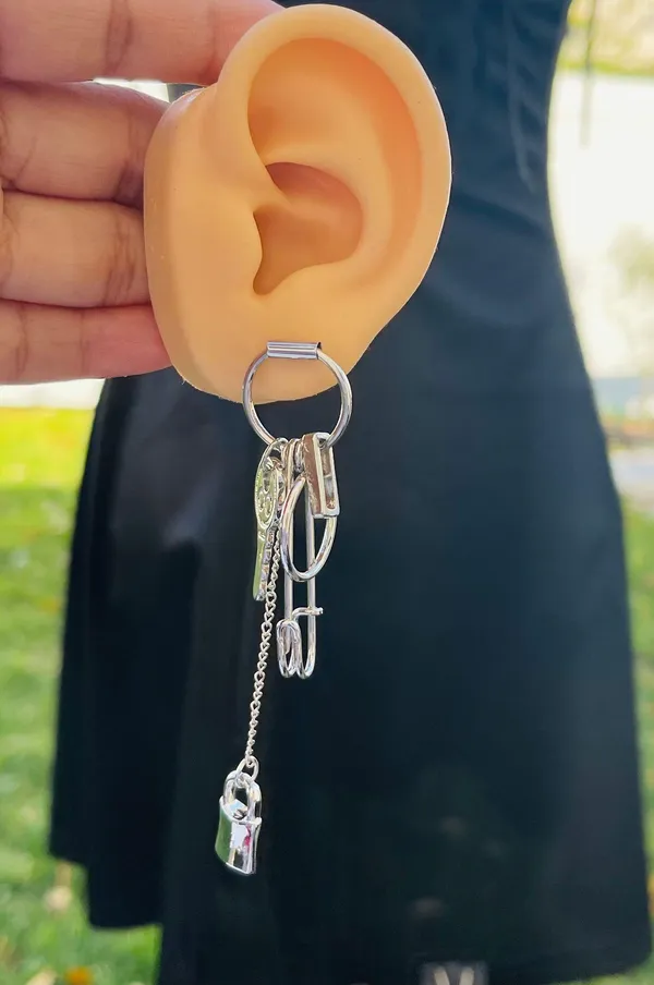 Silver Tone Key Lock Safety Pin Earrings - Image 2