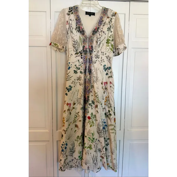 Anthropologie Gesha Designs Donna floral puff sleeve lace midi dress small - Image 3