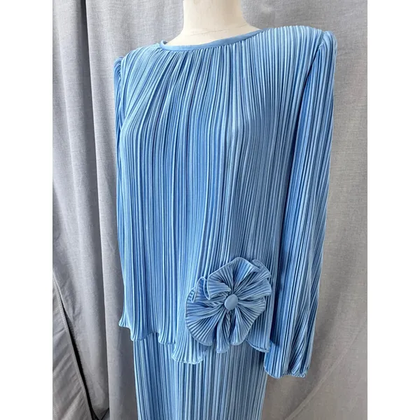 Vintage Mister Jay Blue Accordion Pleat Rosette‎ Mock 2pc Maxi Column Dress M - Image 2