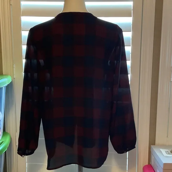 Ann Taylor Burgundy and Navy Checkered Button Down Shirt - Image 4