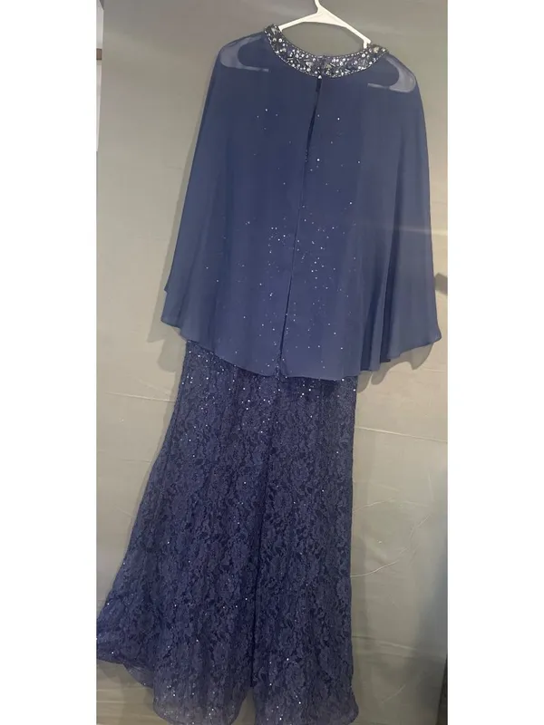 SLNY Women 6 Navy Blue Lace Sequin Evening Gown Cape Sleeve Formal Dress - Image 4