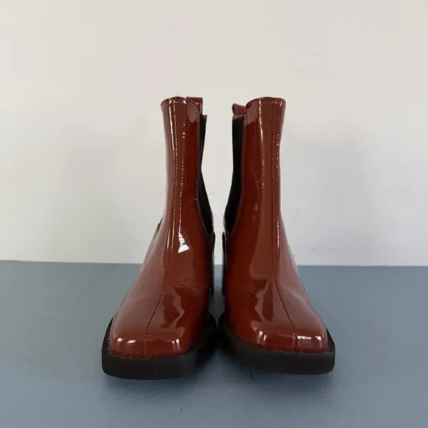 Gianni‎ Bini Banks Crinkle Patent Leather Double Gore Square Toe Brown Booties - Image 3