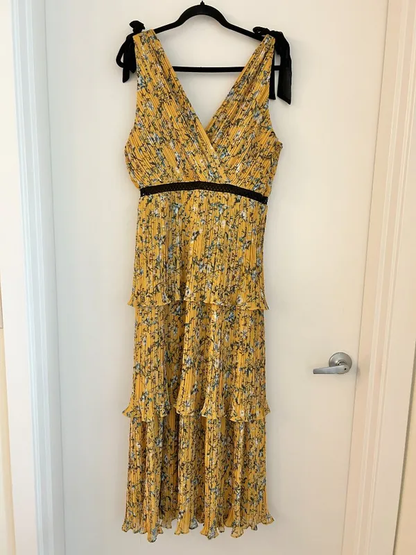 Lulus Such Sophistication Yellow Floral Print Pleated Summer Maxi Dress Size L - Image 9