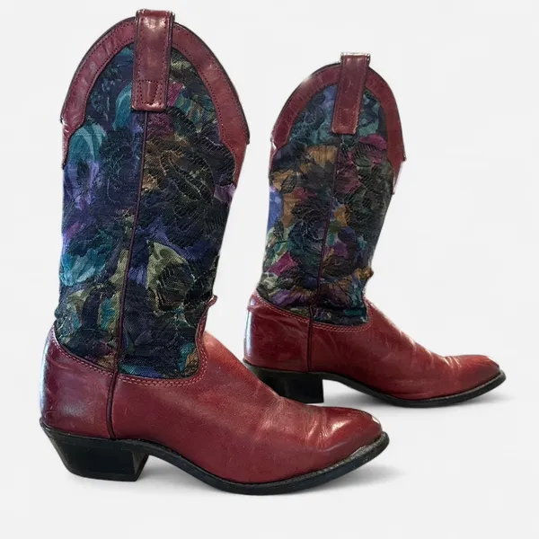 Vintage 90s Capezio Red Leather & Tapestry Western Boots Rare Pair - Image 5