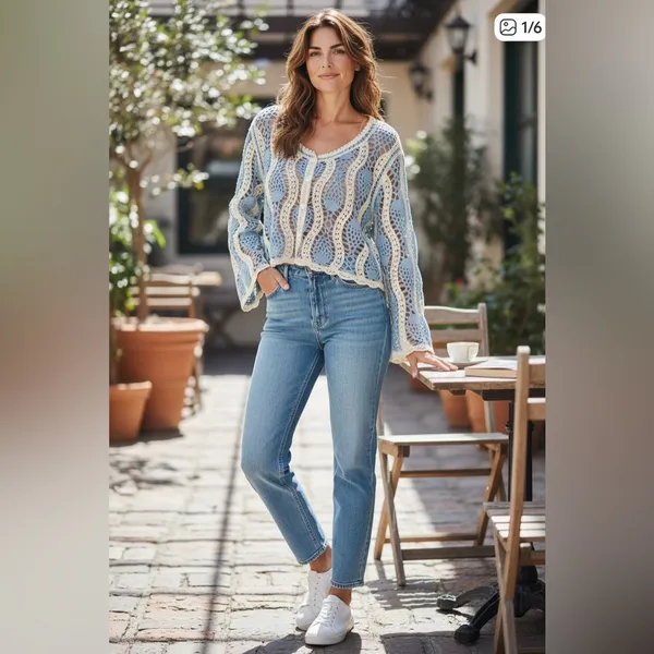 Elegant Blue and Cream Crochet Blouse - Image 2