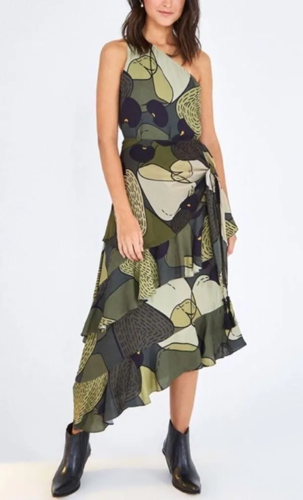 Farm Rio Anthro Women’s Green Military Cashew One Shoulder Midi Scarf Dress XS - Image 14