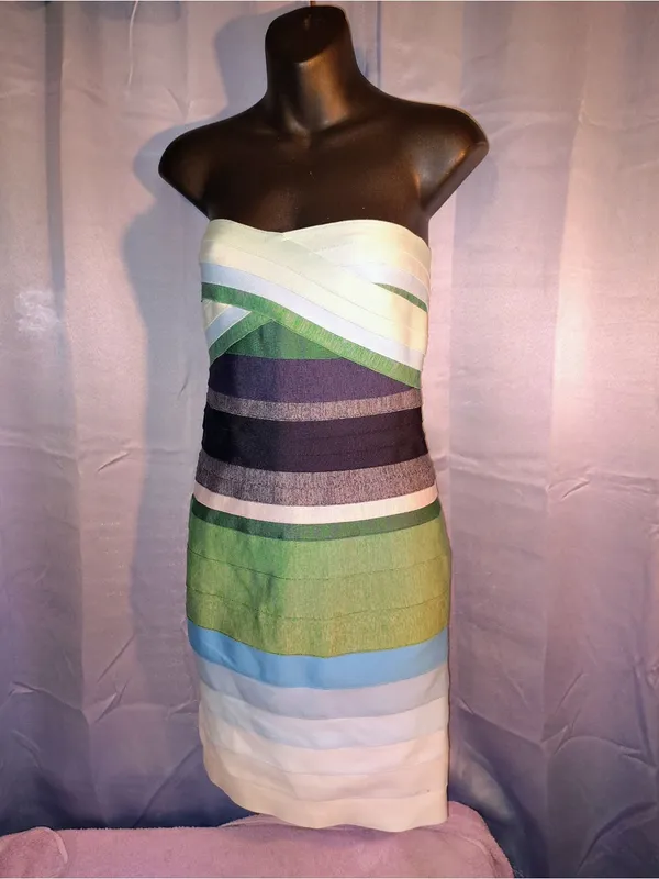 Strapless Multicolor Bandage Dress - Green & Blue Stripe - Image 7