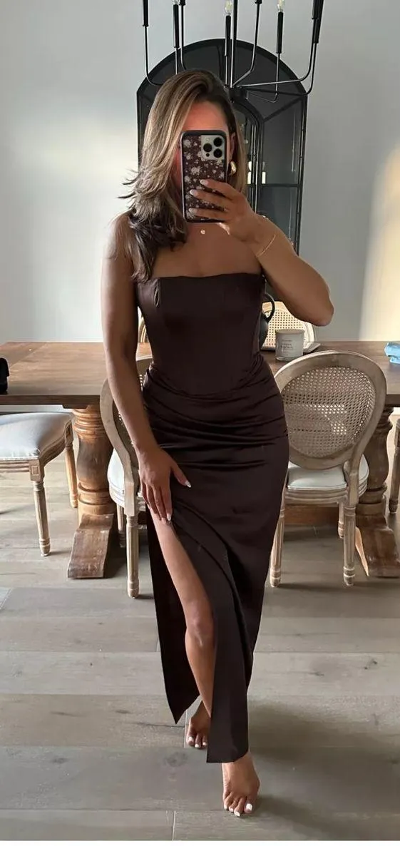 Bardot Everlasting Corset Strapless Satin Gown Chocolate - Image 3