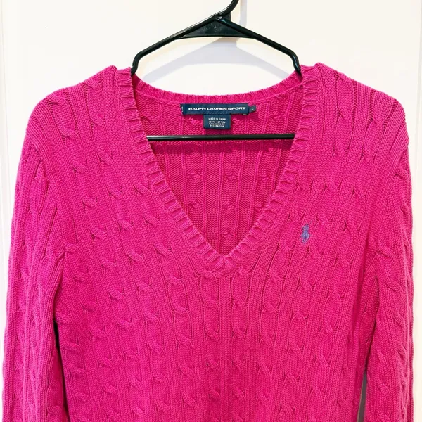 Ralph Lauren Sport Pink Cable Knit Sweater L Preppy Heritage Old Money V Neck - Image 2