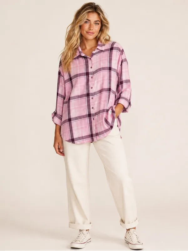 Frye & Co Western Plaid Button Down Shirt Top MEDIUM Boyfriend Purple Pink NWOT - Image 3