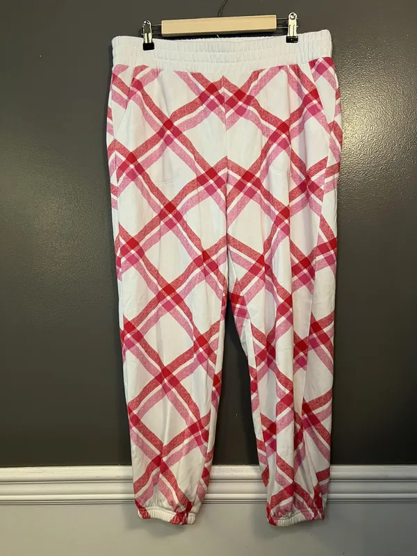 Colsie Pants Womens Large White Pink Red Plaid Jogger Sweatpants Lounge Cuffed - Image 2