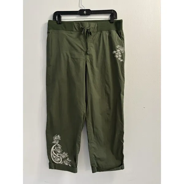 Palm Rio Womens Olive Green Floral Embroidered Cropped Jogger Pants Size M - Image 2