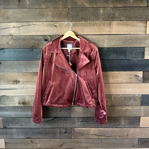 LC Lauren Conrad Velvet Moto Jacket Zip Front in Rose – Size L - Image 3