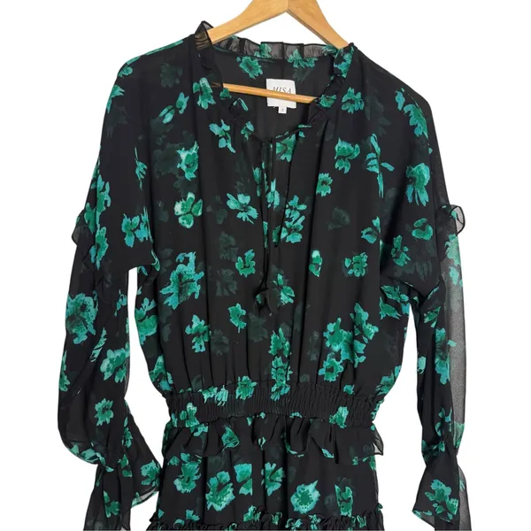 MISA Lolita Black Green Floral Print Long Sleeve V-Neck Ruffled Mini Dress Small - Image 3