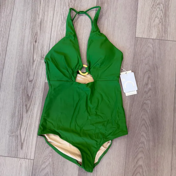 Commense Resort Vacation Ring Detail Cutout Halter One Piece Swimsuit Green M - Image 2
