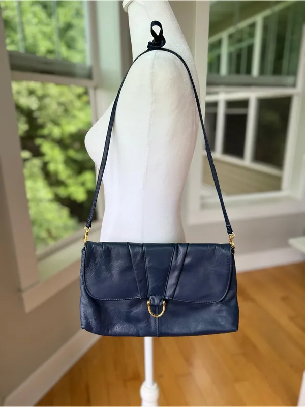 Vintage 80s 90s Navy Gold Genuine Leather Purse Shoulder Bag - Image 11