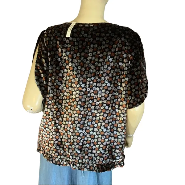 Madewell Velvet Tulip Sleeve Silver & Brown With Ruffle Trim Top Nwt (Xl) - Image 4