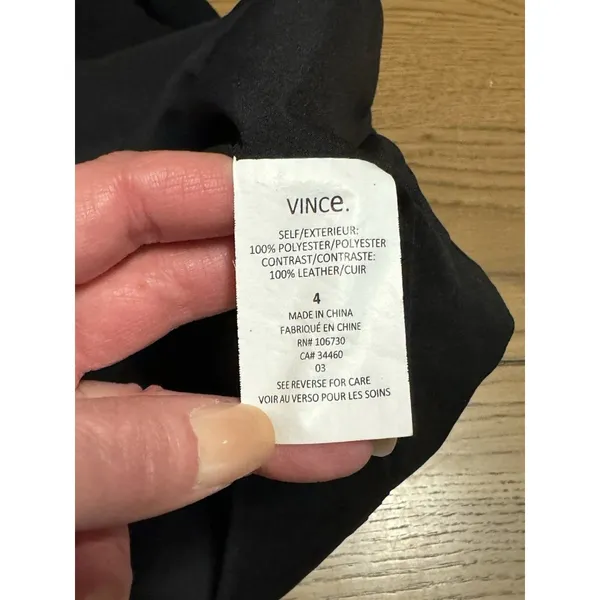Vince Black Shift Dress Contrast Arms‎ Sz 4 Wedding Guest Formal Poly Leather - Image 12